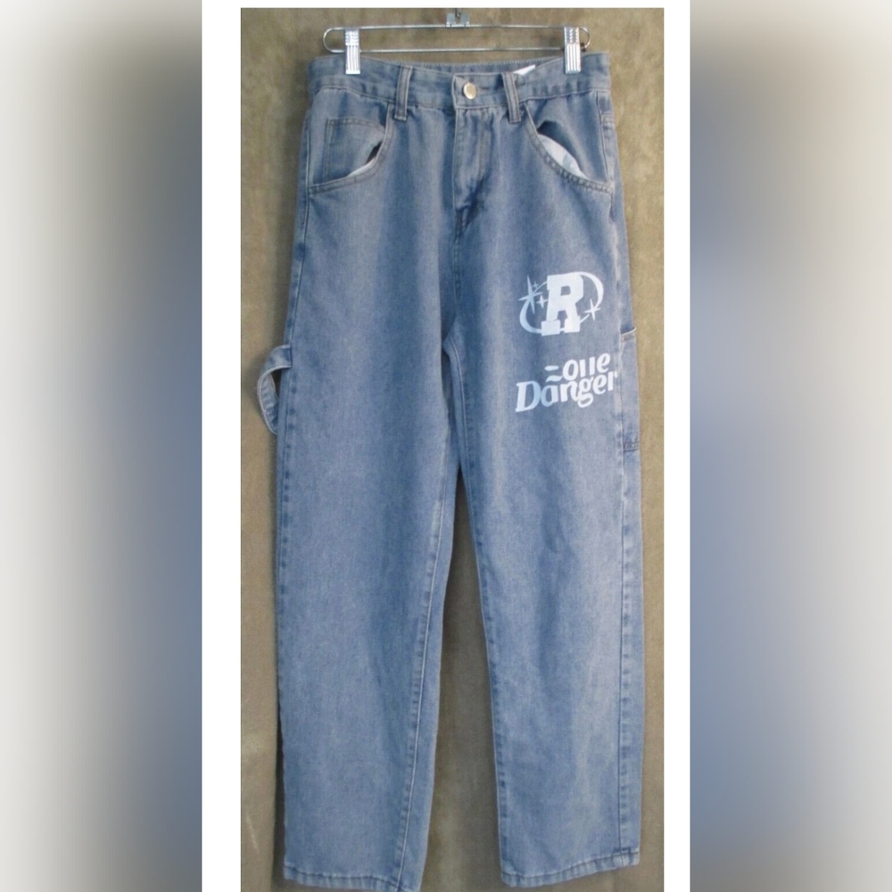 Vintage Graffiti Hip-Hop Wide-Leg Cargo Jeans Mid-Rise, Streetwear Style Size 24